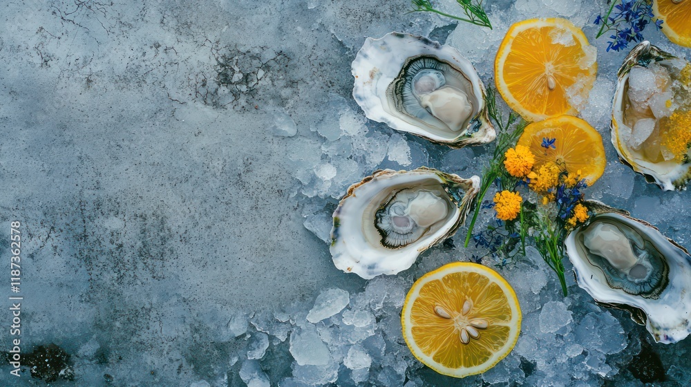 Poster fresh oysters on ice with lemon slices and flowers.