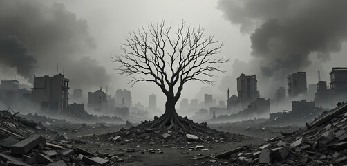 A barren tree stands alone amidst a landscape of destruction and debris, with crumbling buildings and dark smoke filling the sky. The atmosphere feels heavy and foreboding