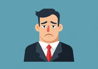 Sad businessman cartoon in suit with red tie on blue background