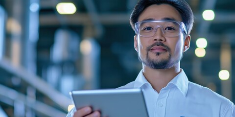 A focused man in framed glasses is holding a tablet in a modern workspace, representing technology, innovation, and the blend of personal and professional life.