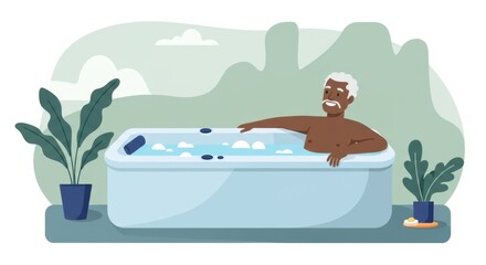 Elderly man relaxing in a bathtub in a tranquil outdoor setting