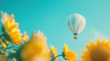 Fototapeta premium A blue sky & sunflower field in the background, with a hot air balloon flying above sunflowers in the foreground