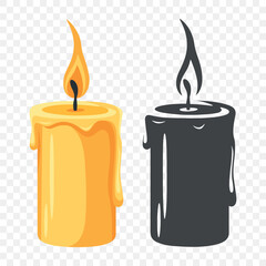 Flat Color and Silhouette Monochrome Candle Icon Set. Burning Candle Fire Icons. Christmas Holiday Decoration. Candle Animation Design Elements, Isolated