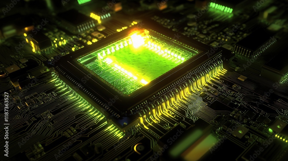 Poster close-up view of cpu chip with intricate circuitry and detailed design