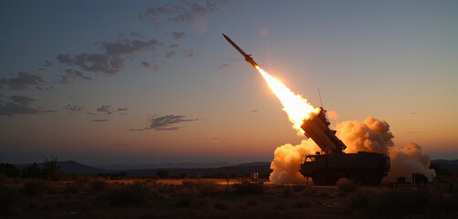 Fototapeta premium A missile launches into the sky against a backdrop of sunset, highlighting military operations in a desert environment. The scene captures the power and precision of modern defense systems