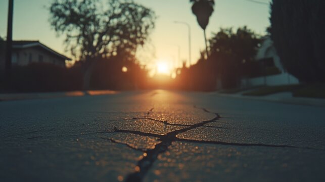Sunset view down a cracked residential street.