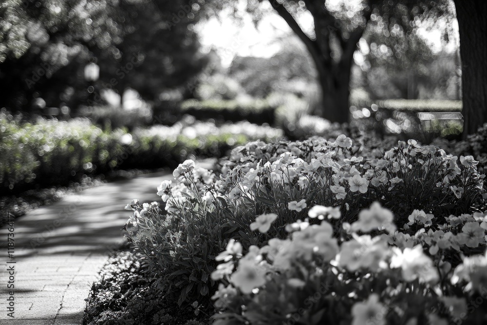 Canvas Prints Black and white photo of a garden with a brick path and white flowers. The flowers are scattered throughout the garden, with some blooming and others still in bud