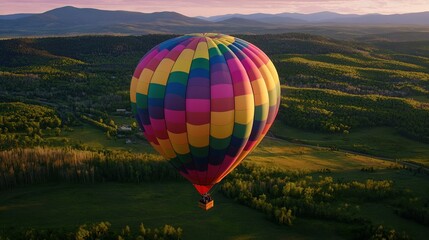 Fototapeta premium Large, colorful balloon soaring over green hills beneath pink-blue sky and mountain backdrop