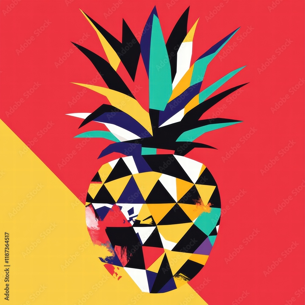 Poster Colorful abstract geometric pineapple design with vivid colors and sharp shapes on a contrasting background. Generative AI