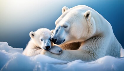 Fototapeta premium Heartwarming Arctic Love: Polar Bear Mother and Cub Cuddle