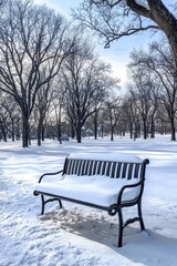 A snow-covered bench stands in a serene winter park surrounded by barren trees. Soft white snow blankets the ground, creating a calm atmosphere perfect for contemplation