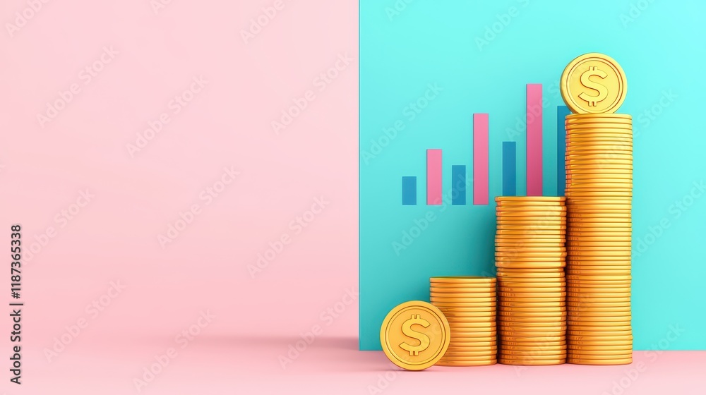 Poster stacked coins on chart background with colorful graph elements