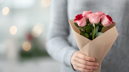 Woman is holding a bouquet of pink and red roses. The roses are in a brown paper bag, and the woman is wearing a gray sweater