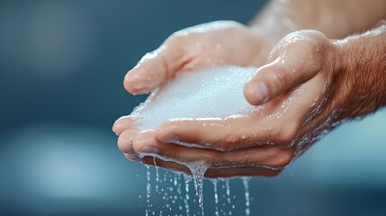 Fototapeta premium Man is holding a handful of water, and it is dripping from his hands