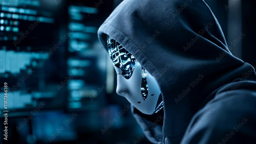 Poster Hacker in mask working on computer. Dark operating room with multiple monitors. Cybercrime, attack and cyberattack concept. Cybersecurity, data protection.