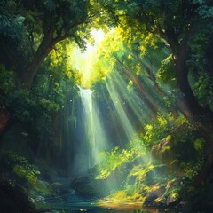 Obraz premium Waterfall in the forest with sunbeams. Digital painting.