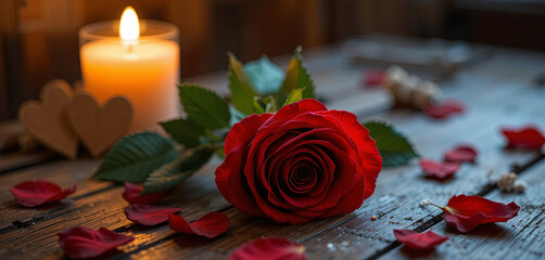 A vibrant red rose lies on a rustic wooden table surrounded by scattered rose petals and a lit candle, creating a warm and romantic ambiance perfect for an intimate setting