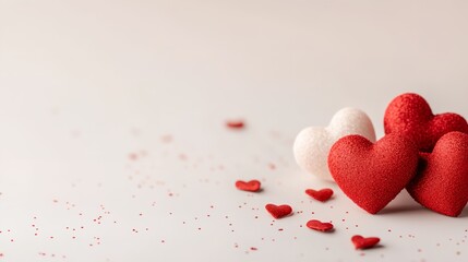 Fototapeta premium White background with three red hearts and one white heart.