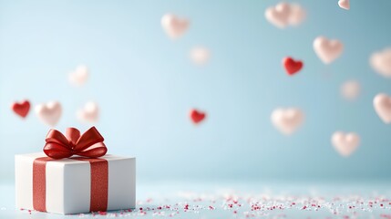 Fototapeta premium White box with a red bow sits on a blue background. The box is filled with hearts, which are scattered throughout the image