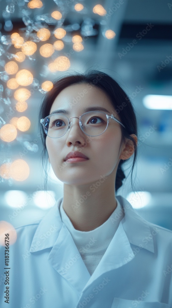 Aufkleber Korean Laboratory Technician Analyzing Digital Data in Futuristic Laboratory Setting