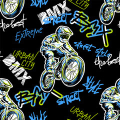 Abstract seamless grunge pattern for guys. Urban style modern background with boy on bicycle BMX and skateboards. Sport extreme style creative wallpaper