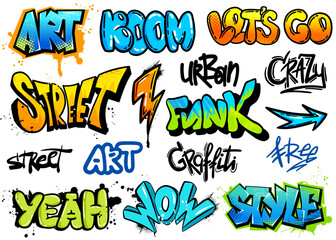 Cool bright set of graffiti words  and other graphic elements isolated on white background. Grunge style © artlavi_design