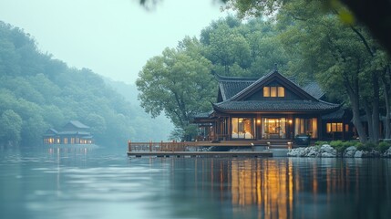 Fototapeta premium Serene lakeside house with warm lights at dusk.
