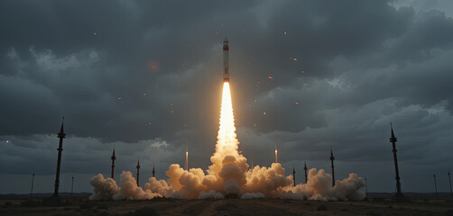 A powerful rocket ascends into the sky, surrounded by dark clouds and vibrant flames, marking a significant moment in aerospace technology and exploration during the evening
