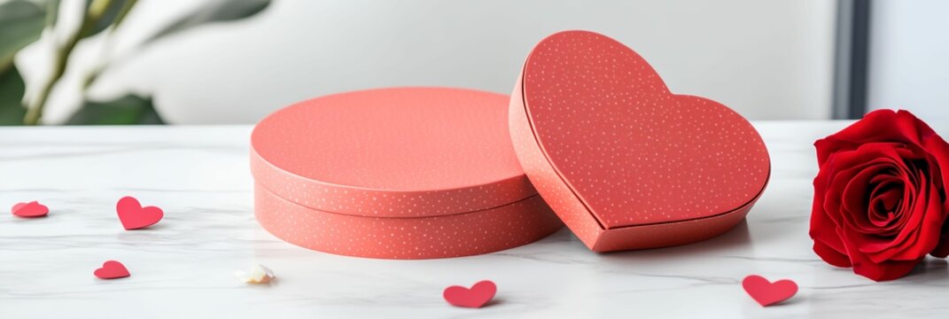 Red heart box sits on a table next to a red rose. The heart box is decorated with dots