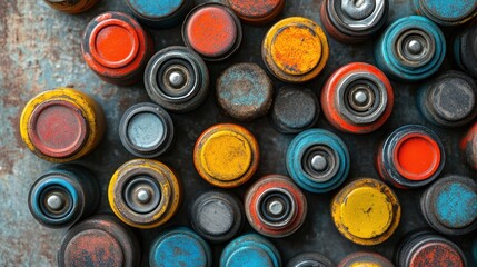 Many colored circular objects on metal surface, for use as background.