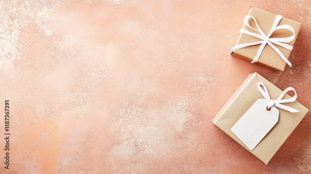 Poster two simple gift boxes tied with white ribbon resting on a textured pink background, one featuring a 