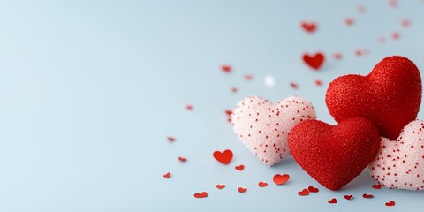 Obraz premium Three hearts are on a blue background. The hearts are red and white