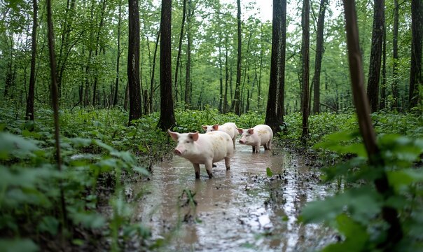 Pigs wading through muddy forest path - Powered by Adobe