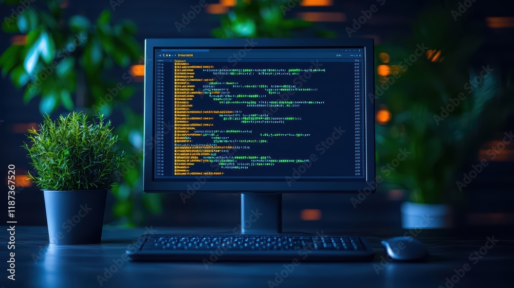 Poster computer screen displaying code with plants in modern workspace