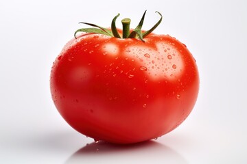 Fresh and juicy red tomato with droplets of water on a white background