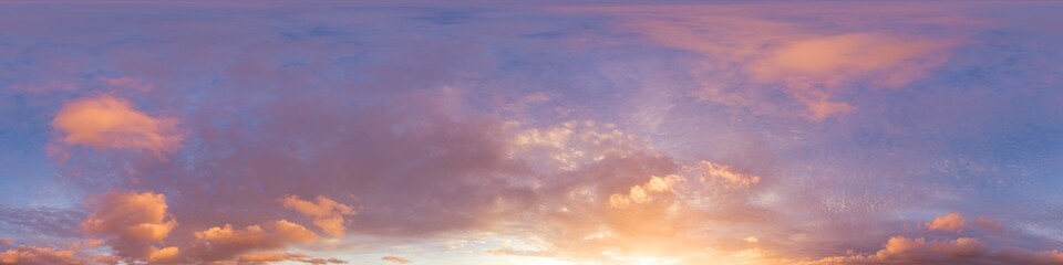 360 panorama of glowing sunset sky with bright pink Cumulus clouds. HDR 360 seamless spherical panorama. Full zenith or sky dome sky replacement for aerial drone panoramas. Climate and weather change.