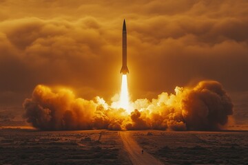 Rocket launch, fiery plume, desert landscape.