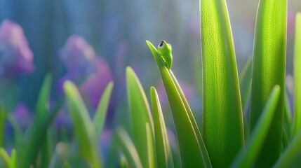 Obraz premium A high-resolution image of a close-up green plant featuring a small insect perched on the stem's tip