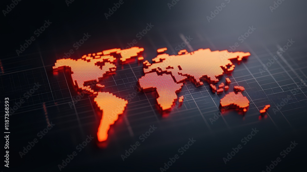 Poster bright red pixelated world map on dark background with grid lines
