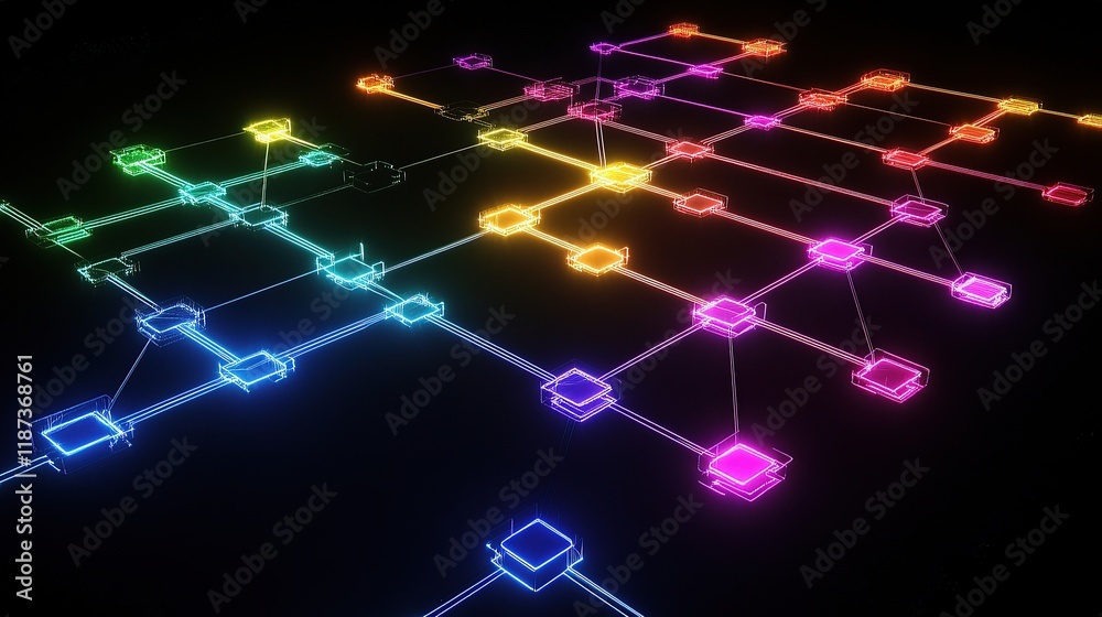 Poster futuristic 3d network flowchart with digital nodes and vibrant lines
