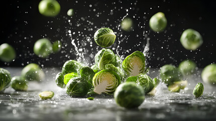 Fresh Brussels Sprouts on White Surface with Water Splash