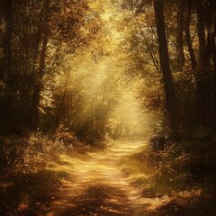 Obraz premium Autumn landscape with sunbeams and forest. Digital painting.