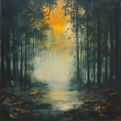 Obraz premium Sunset in the forest with trees and lake. Grunge background.