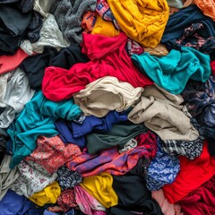 Background texture of a pile of colorful clothes, closeup of photo