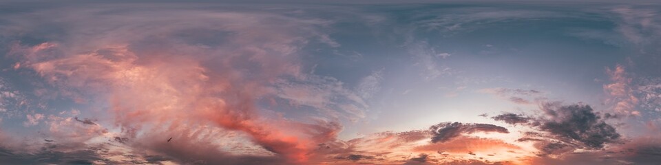 Sunset sky panorama with bright glowing pink Cumulus clouds. HDR 360 seamless spherical panorama. Full zenith or sky dome in 3D, sky replacement for aerial drone panoramas. Climate and weather change.