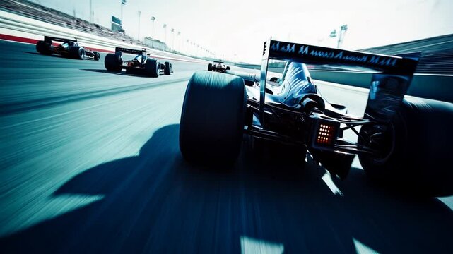 Formula 1 cars in a high-speed race on a professional track. The sleek design and speed capture the thrill and excitement of motorsport