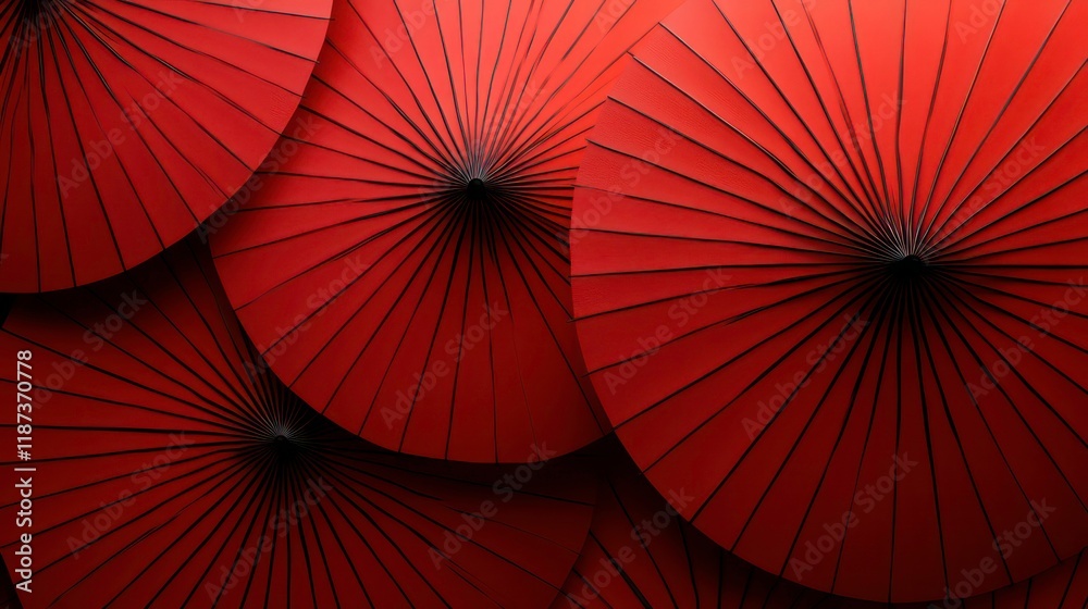 Poster Close-up of several vibrant red paper parasols overlapping, creating a textured pattern.