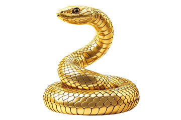 Fototapeta premium Coiled golden snake sculpture with detailed scales isolated on white transparent background, reptiles or wildlife, symbolizing Chinese Lunar New year