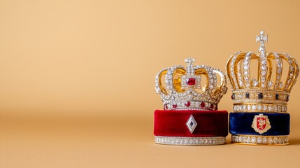 Crowns encrusted with gems stand out against a radiant golden bokeh background, celebrating a joyful revelation with sophistication and sparkle