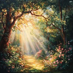 Fototapeta premium Beautiful summer landscape with sunbeams in the forest. Digital painting